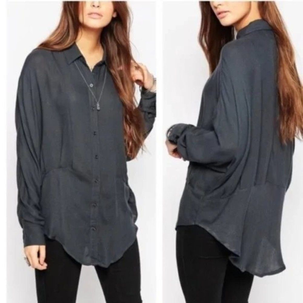 Free People True Affection Blouse Gray Long Sleeves Over Size High Low Sz Small